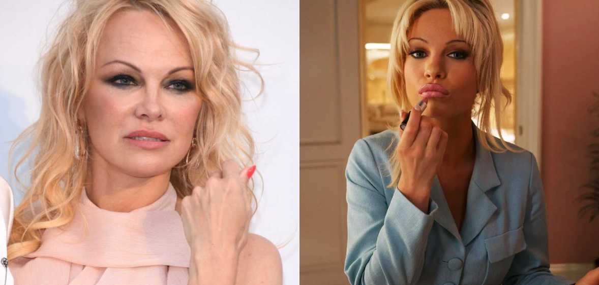 Pamela Anderson in a pink dress (left) and Lily James as Pamela Anderson in Pam & Tommy