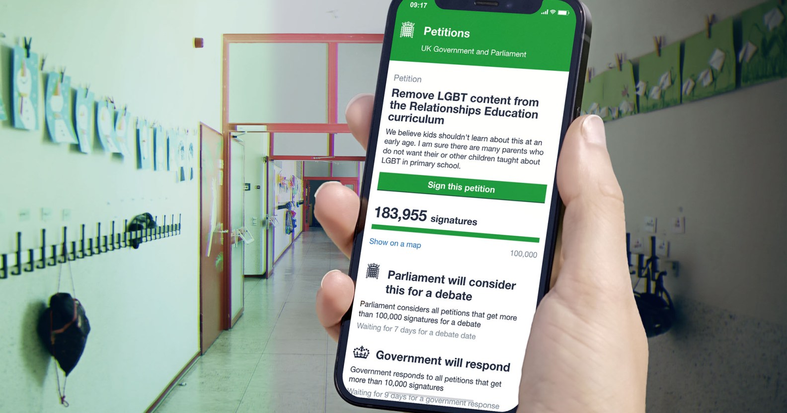 An image of a hand holding a phone showing a petition to pull LGBT content from schools