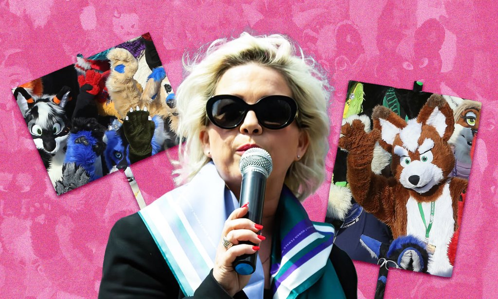 Collage of Parker, a white woman with blonde hair, talking into a micropohone, with photos of furries, people in full animal costume