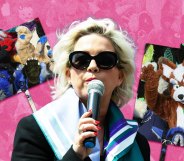 Collage of Parker, a white woman with blonde hair, talking into a micropohone, with photos of furries, people in full animal costume