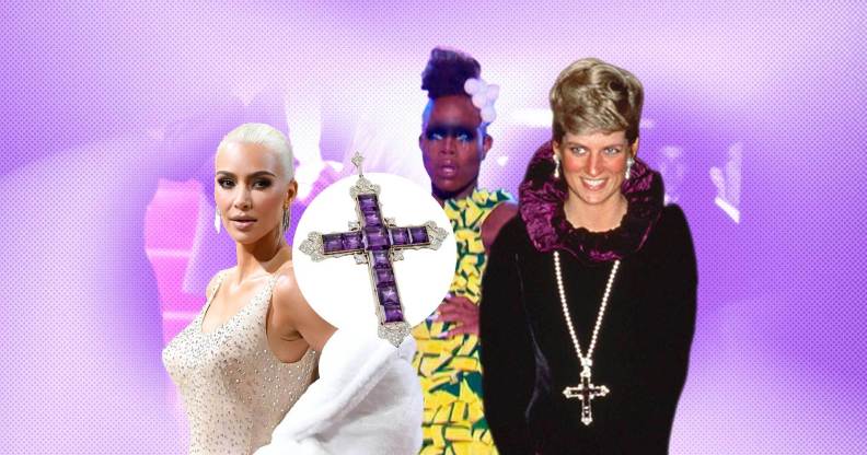 Collage of Kim Kardashian in Marilyn Monroe's nude sparkly gown, Monet X Change in a dress made of yellow dish sponges, and Princess Diana serving gothic glamour in a black dress and large crucifix