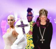 Collage of Kim Kardashian in Marilyn Monroe's nude sparkly gown, Monet X Change in a dress made of yellow dish sponges, and Princess Diana serving gothic glamour in a black dress and large crucifix