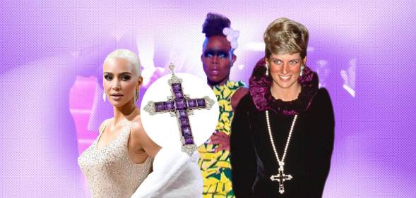 Collage of Kim Kardashian in Marilyn Monroe's nude sparkly gown, Monet X Change in a dress made of yellow dish sponges, and Princess Diana serving gothic glamour in a black dress and large crucifix
