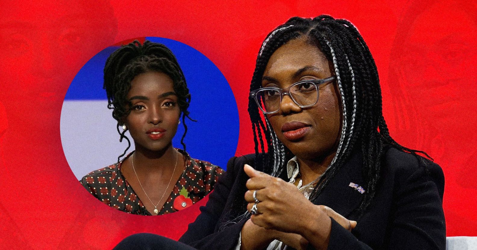 Conservative Party women and equalities minister Kemi Badenoch superimposed with image of anti-trans JK Rowling fan and ex-GB News host Mercy Muroki on a red background