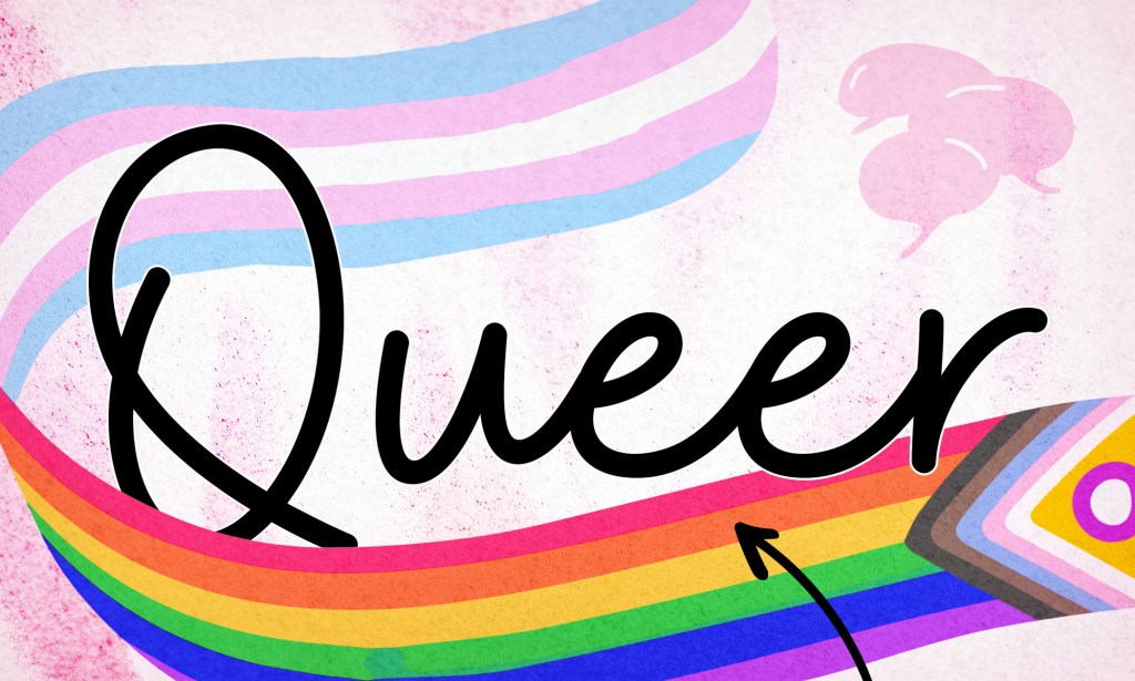 An illustration of the word queer encompassed by a ribbon showing the LGBTQ Pride flag on one side and the trans Pride flag on the other