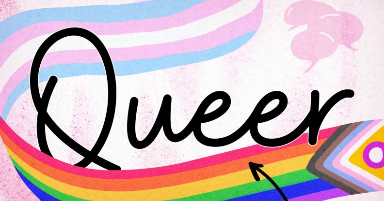 An illustration of the word queer encompassed by a ribbon showing the LGBTQ Pride flag on one side and the trans Pride flag on the other