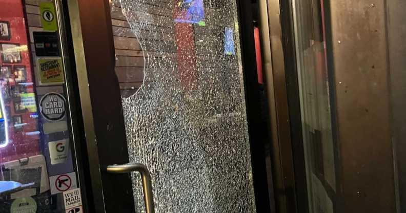 A photo from Chicago's R Public House shows the front door that was shattered during an alleged homophobic incident