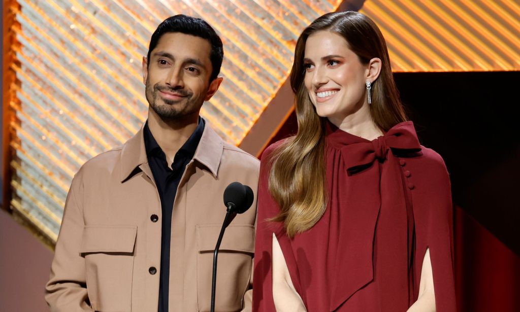 Riz Ahmed and Alison Williams on stage at the Oscar nominations
