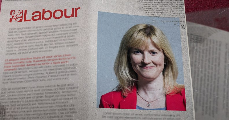 Photo of Rosie, smiling, wearing a red jacket, on a newspaper with the headline Labour