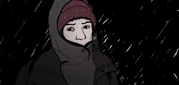 An illustration shows a person wrapped up in a coat as rain falls in the background. It is night time and the person looks heartbroken.
