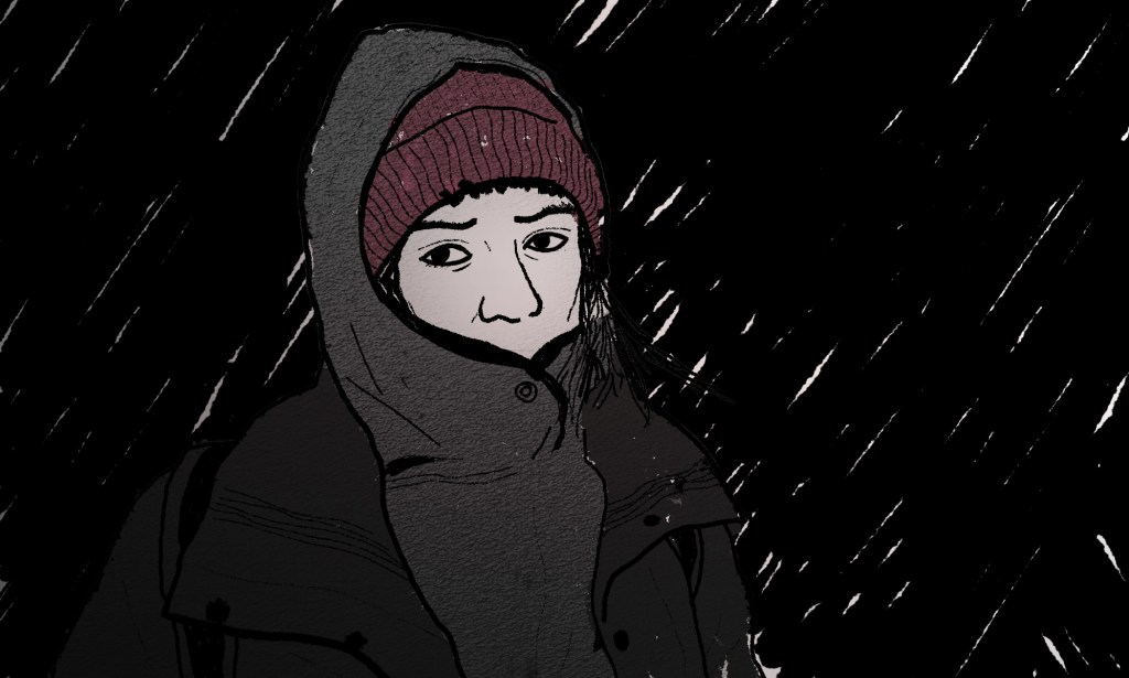 An illustration shows a person wrapped up in a coat as rain falls in the background. It is night time and the person looks heartbroken.