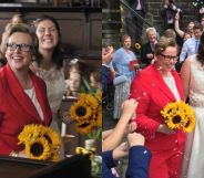 On the left, Sarah Barley-McMullen and her wife Helen are pictured walking out of the church on their wedding day. On the right, they're pictured standing outside the church holding flowers. Sarah is wearing a red suit while Helen wears a sleeveless white ballgown. Both women carry yellow flowers.
