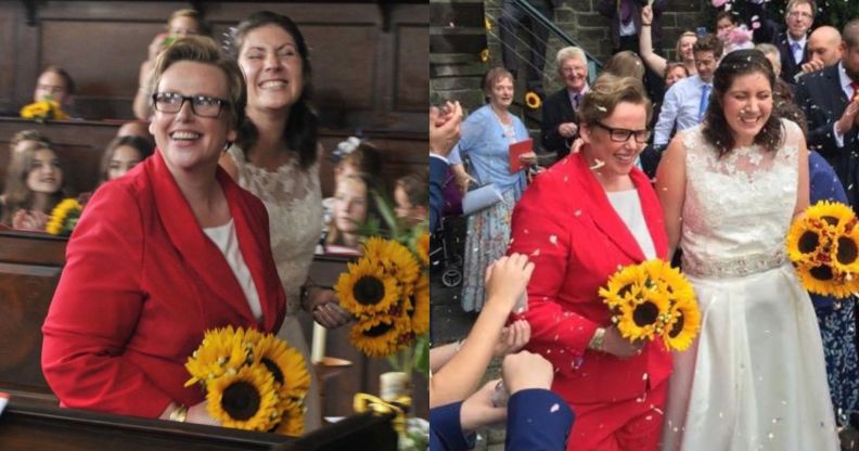 On the left, Sarah Barley-McMullen and her wife Helen are pictured walking out of the church on their wedding day. On the right, they're pictured standing outside the church holding flowers. Sarah is wearing a red suit while Helen wears a sleeveless white ballgown. Both women carry yellow flowers.