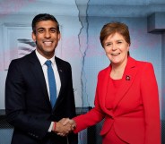 An image show Rishi Sunak and Nicola Sturgeon with a tear line between them. The background is coloured in the colours of the trans Pride flag.