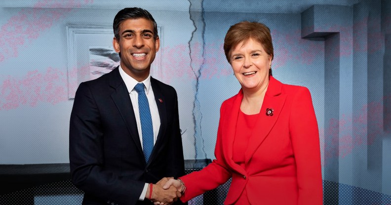 An image show Rishi Sunak and Nicola Sturgeon with a tear line between them. The background is coloured in the colours of the trans Pride flag.