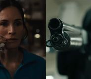 A split-screen picture shows on the left a screenshot of actor Courtney Cox as character Gale Weathers from the new Scream movie dressed in a blue shirt and holding a phone with the right-hand screenshot of the character Ghostface holding a shotgun towards the camera