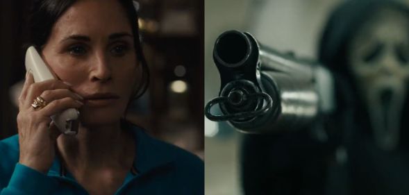 A split-screen picture shows on the left a screenshot of actor Courtney Cox as character Gale Weathers from the new Scream movie dressed in a blue shirt and holding a phone with the right-hand screenshot of the character Ghostface holding a shotgun towards the camera