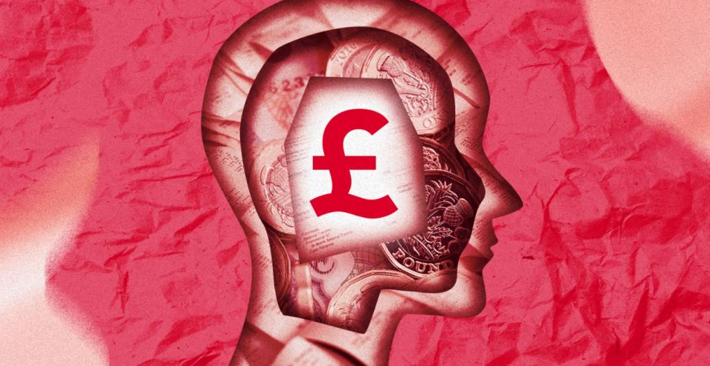 An illustration showing the outline of a person's head, with money and a pound sign inside