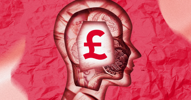 An illustration showing the outline of a person's head, with money and a pound sign inside