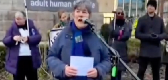 Lisa Morgan speaking at an anti-trans rally in Newcastle