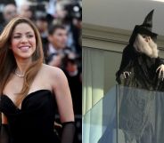 On the left, Shakira is pictured wearing a plunging black gown at a film festival in 2022. On the right is a picture of a witch mannequin that's been spotted on the singer's balcony in her Barcelona home.