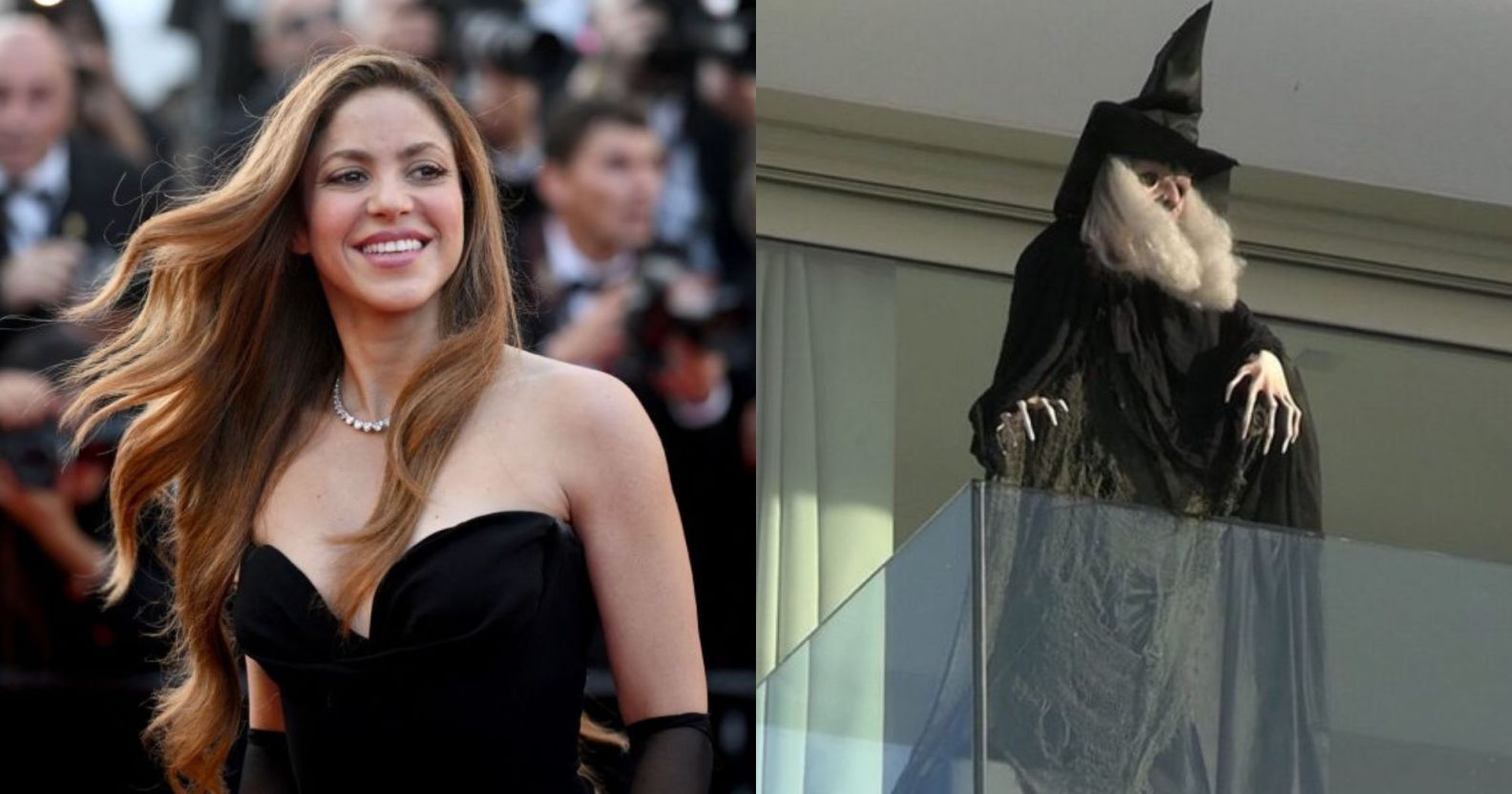 On the left, Shakira is pictured wearing a plunging black gown at a film festival in 2022. On the right is a picture of a witch mannequin that's been spotted on the singer's balcony in her Barcelona home.