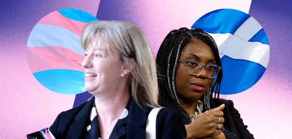 Collage of Shona Robison and Kemi Badenoch, facing away from each other, with the trans rights flag and the Scottish flag behind them