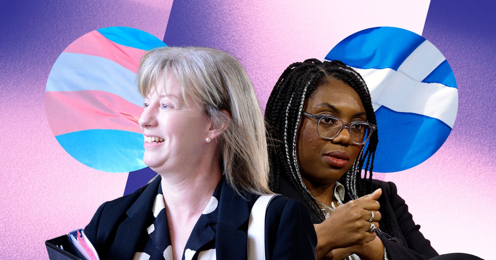 Collage of Shona Robison and Kemi Badenoch, facing away from each other, with the trans rights flag and the Scottish flag behind them