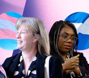 Collage of Shona Robison and Kemi Badenoch, facing away from each other, with the trans rights flag and the Scottish flag behind them