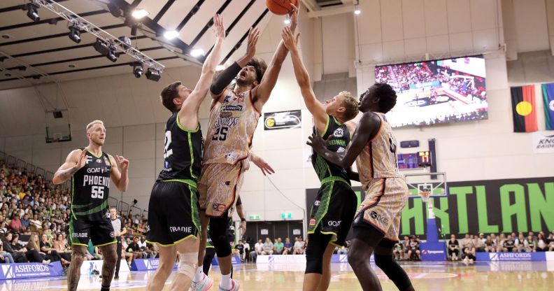 Keanu Pinder of the Taipans drives to the basket during the round 17 NBL match between South East Melbourne Phoenix and Cairns Taipans at State Basketball Centre, on January 25, 2023, in Melbourne, Australia.