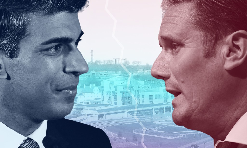 Rishi Sunak filtered in blue, and Keir Starmer filtered in red, stare at each other.