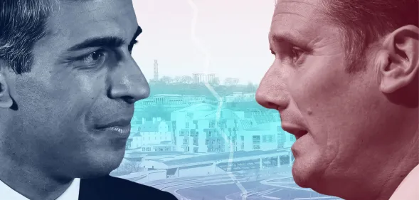 Rishi Sunak filtered in blue, and Keir Starmer filtered in red, stare at each other.