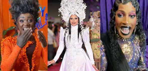 A photo split into three images shows RuPaul's Drag Race queens Stephanie Prince wearing an orange outfit, Vanity Milan in a white dress with head-dress and Jaida Essence Hall in a blue and gold see-through outfit.