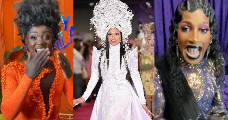 A photo split into three images shows RuPaul's Drag Race queens Stephanie Prince wearing an orange outfit, Vanity Milan in a white dress with head-dress and Jaida Essence Hall in a blue and gold see-through outfit.