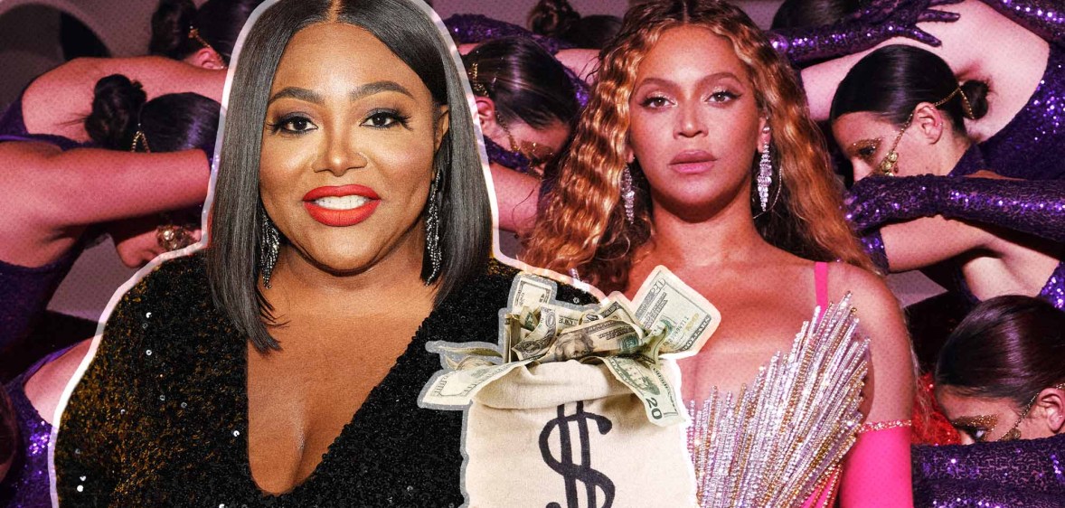 A graphic showing TV personality Ts Madison wearing a black dress with a money bag next to her that has a dollar sign on it. Next to that is an image of Beyoncé dressed in a pink and silver outfit with the background image showing the dancers who performed with her in Dubai