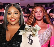 A graphic showing TV personality Ts Madison wearing a black dress with a money bag next to her that has a dollar sign on it. Next to that is an image of Beyoncé dressed in a pink and silver outfit with the background image showing the dancers who performed with her in Dubai