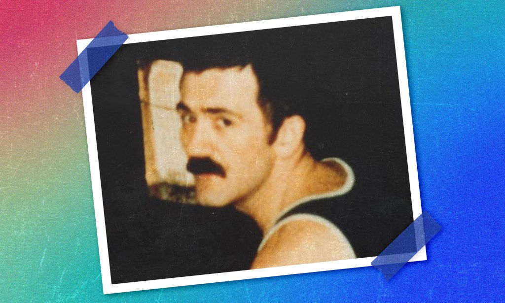 Terry Higgins pictured with a moustache wearing a vest. The image is set against a photo-like cut-out on a multicoloured background.