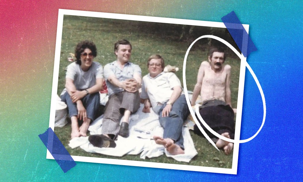 Terry Higgins pictured shirtless on the right in a group of four people.