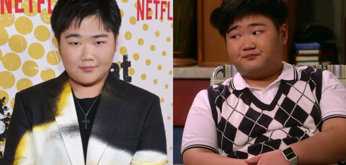 Actor Reyn Doi on a red carpet (left) and as That '90s Show's gay teen character Ozzie)