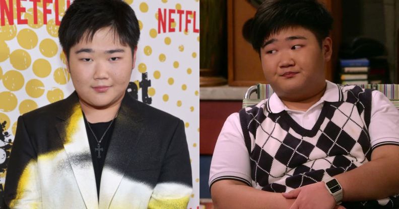 Actor Reyn Doi on a red carpet (left) and as That '90s Show's gay teen character Ozzie)