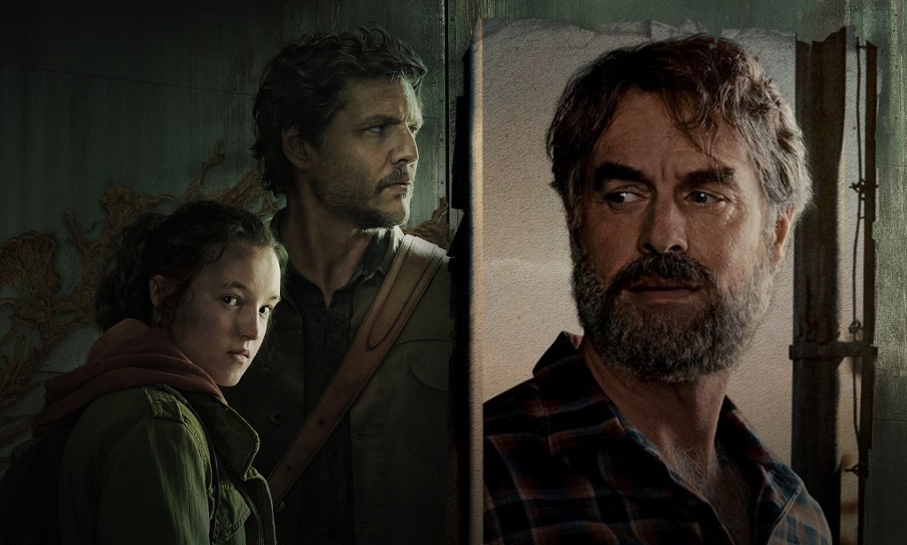 A side-by-side image shows the promo poster of HBO's The Last of Us on the left; with main characters Joel (Pedro Pascal) and Ellie (Bella Ramsey) wearing dark green jackets and standing in a corridor where you can see graffiti on the wall. On the right-hand image you can see actor Murray Bartlett as gay character Frank who has a beard and is wearing a dark shirt
