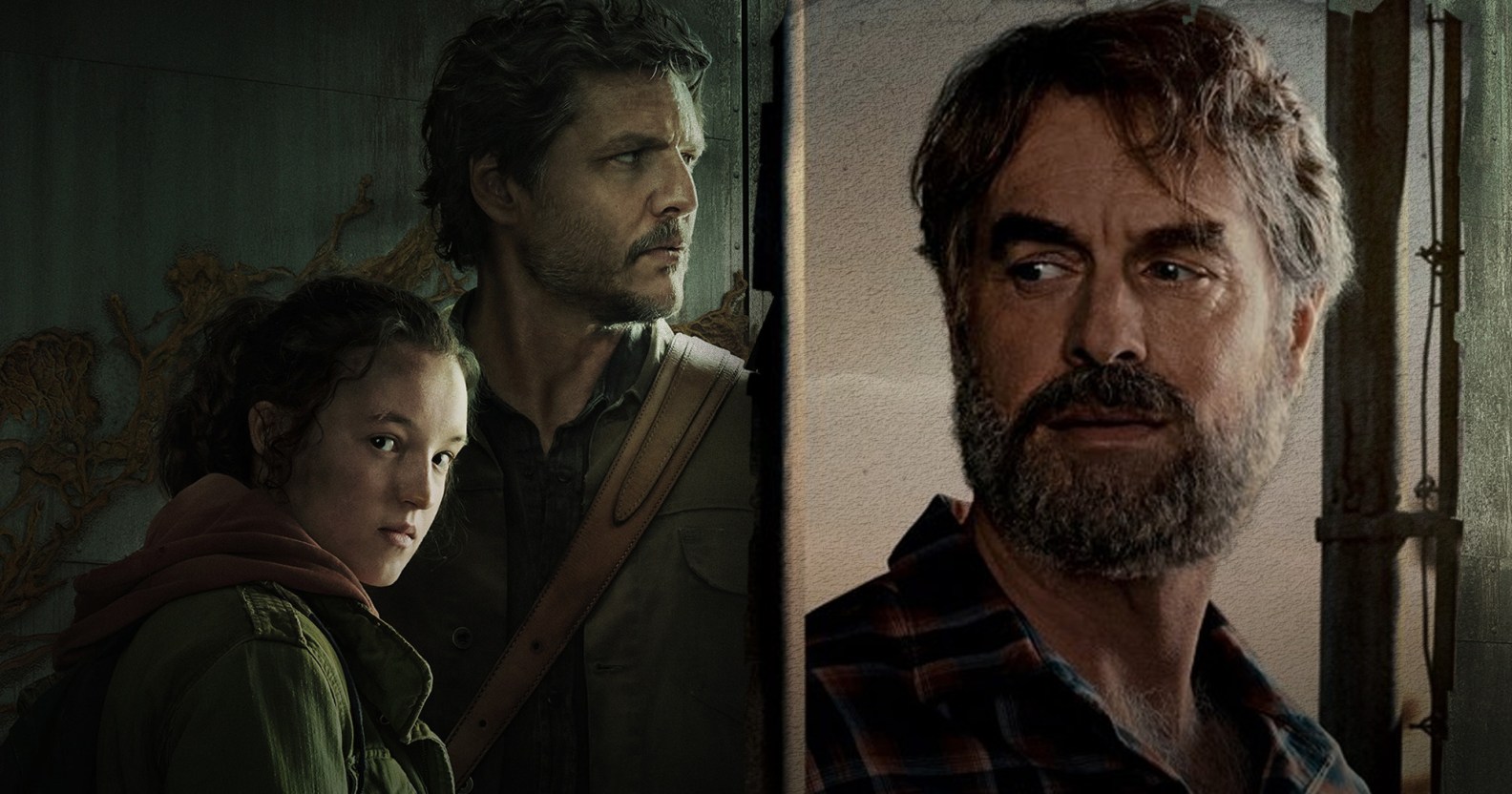 A side-by-side image shows the promo poster of HBO's The Last of Us on the left; with main characters Joel (Pedro Pascal) and Ellie (Bella Ramsey) wearing dark green jackets and standing in a corridor where you can see graffiti on the wall. On the right-hand image you can see actor Murray Bartlett as gay character Frank who has a beard and is wearing a dark shirt