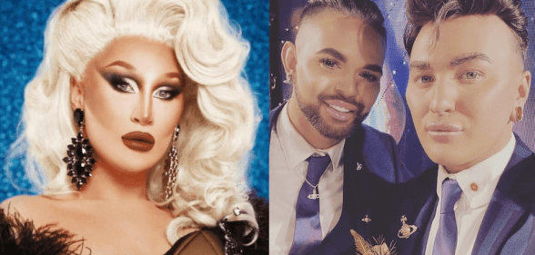 Two side-by-side images show drag queen The Vivienne in a promo shot for Dancing on Ice wearing a blonde wig and black see-through lace dress, and on the right-hand side is a photo with husband David Ludford on the day they got married at Heaven nightclub