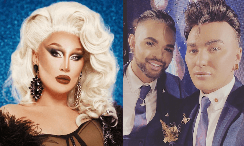 Two side-by-side images show drag queen The Vivienne in a promo shot for Dancing on Ice wearing a blonde wig and black see-through lace dress, and on the right-hand side is a photo with husband David Ludford on the day they got married at Heaven nightclub