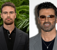 On the left, Theo James in a black suit and shirt in front of a leafy green background, on the right, George Michael in a black top and grey suit jacket wearing his signature glasses and cross necklace