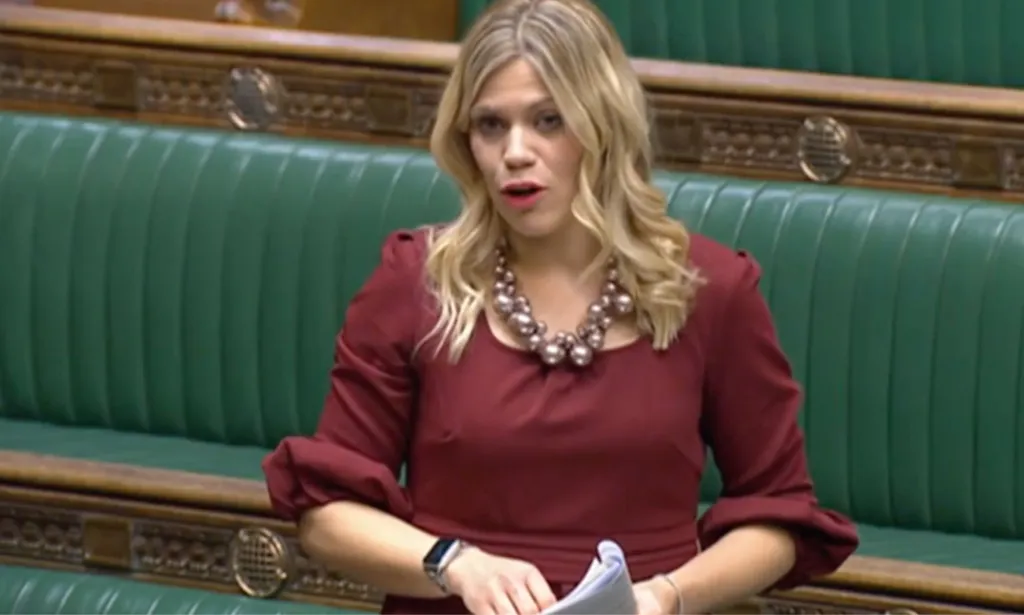 Tory MP Miriam Cates wears a red dress as she addresses the House of Commons after the UK government blocked Scotland's Gender Recognition Reform bill from passing into law