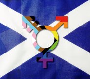 Scotland's flag with an LGBTQ+ symbol in the forefront