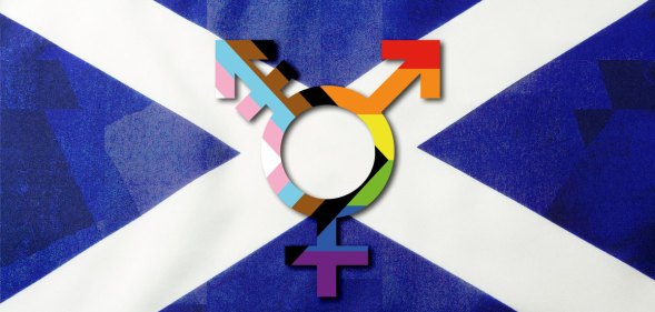 Scotland's flag with an LGBTQ+ symbol in the forefront