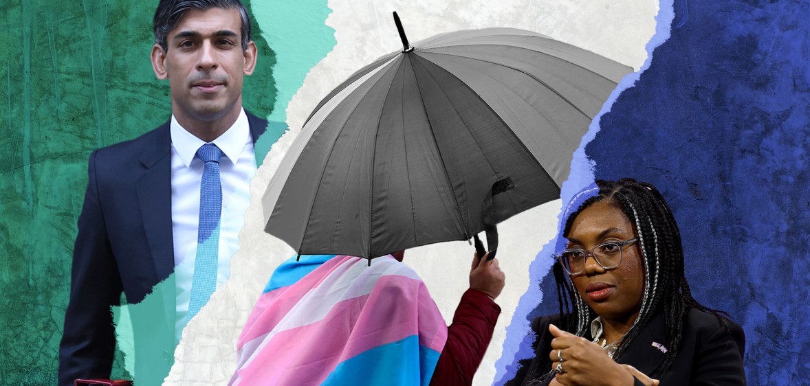 Collage of Rishi Sunak, Kemi Badenoch, and a trans person holding an umbrella to shield themself