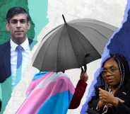 Collage of Rishi Sunak, Kemi Badenoch, and a trans person holding an umbrella to shield themself